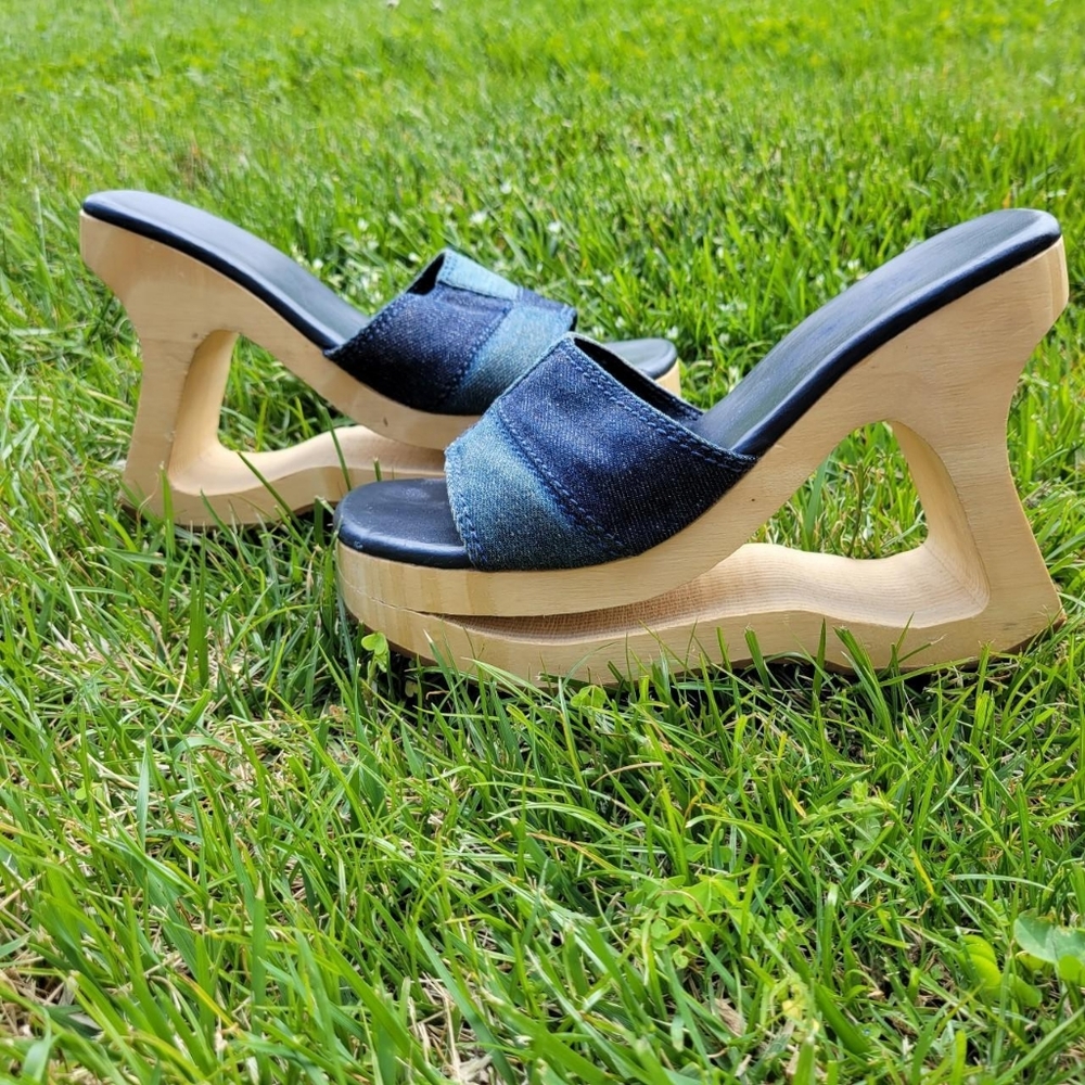 Vintage 90s denim patchwork sandals with wooden cutout wedge